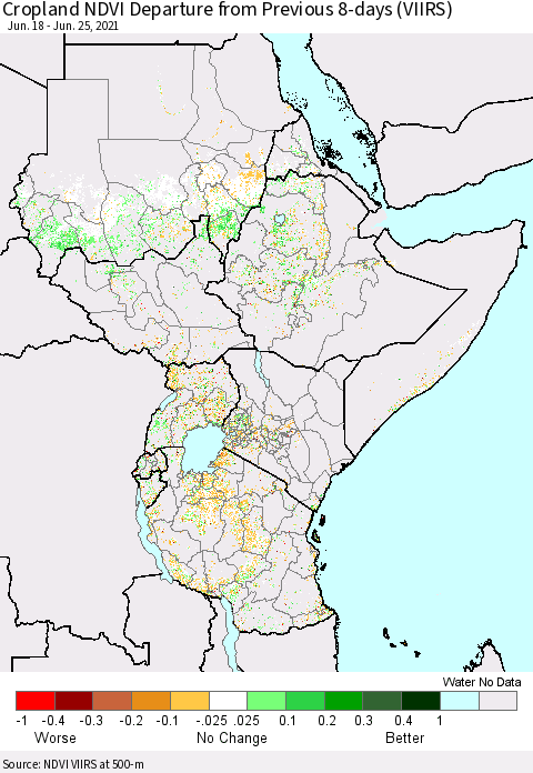 Eastern Africa Cropland NDVI Departure from Previous 8-days (VIIRS) Thematic Map For 6/18/2021 - 6/25/2021