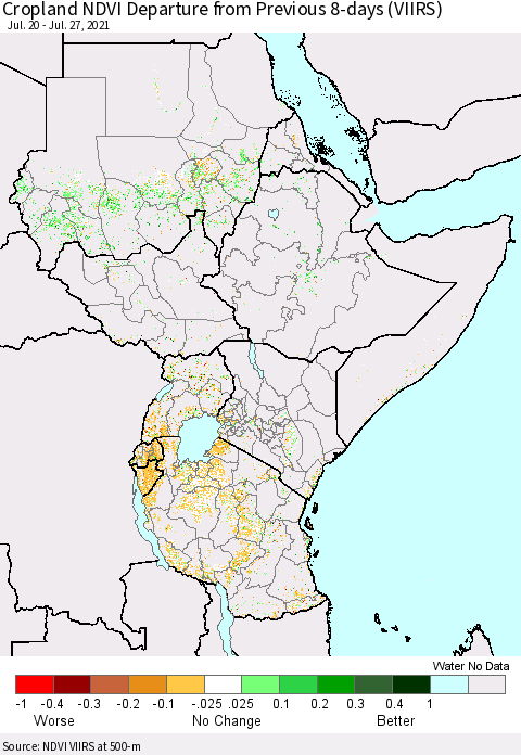 Eastern Africa Cropland NDVI Departure from Previous 8-days (VIIRS) Thematic Map For 7/20/2021 - 7/27/2021