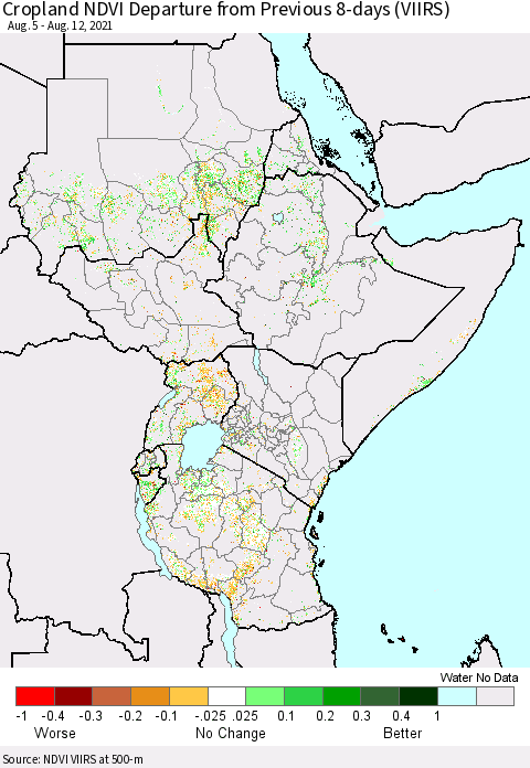 Eastern Africa Cropland NDVI Departure from Previous 8-days (VIIRS) Thematic Map For 8/5/2021 - 8/12/2021