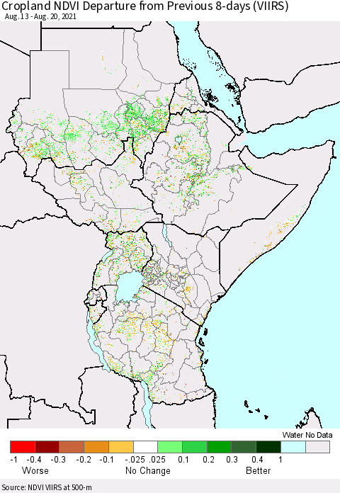 Eastern Africa Cropland NDVI Departure from Previous 8-days (VIIRS) Thematic Map For 8/13/2021 - 8/20/2021