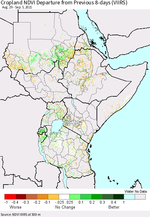 Eastern Africa Cropland NDVI Departure from Previous 8-days (VIIRS) Thematic Map For 8/29/2021 - 9/5/2021