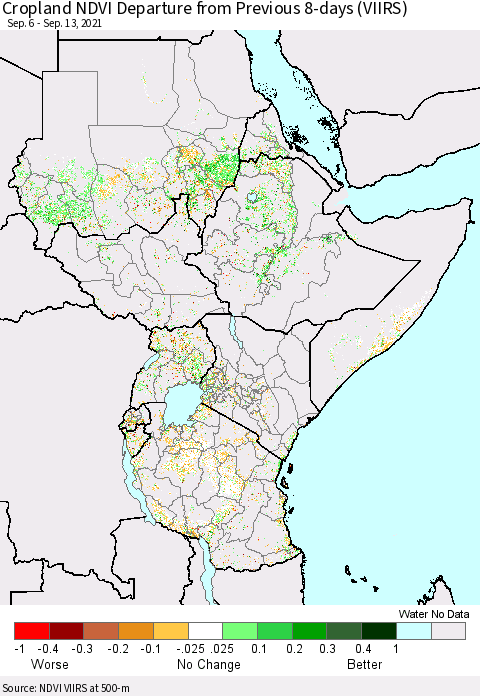 Eastern Africa Cropland NDVI Departure from Previous 8-days (VIIRS) Thematic Map For 9/6/2021 - 9/13/2021