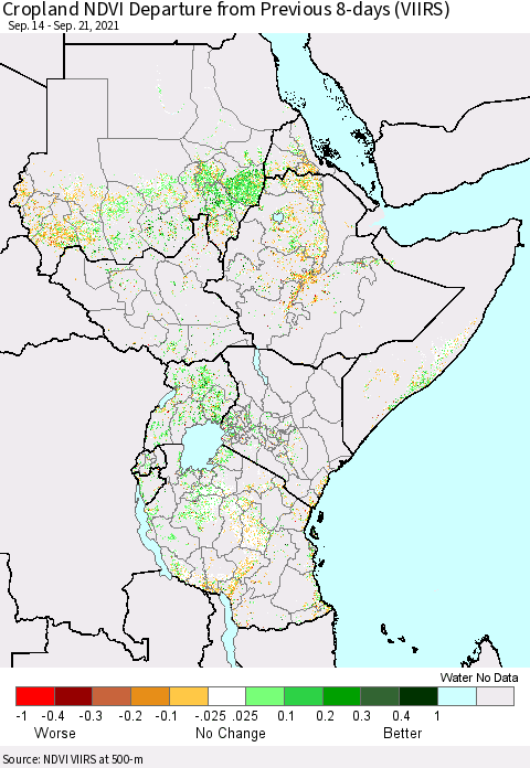 Eastern Africa Cropland NDVI Departure from Previous 8-days (VIIRS) Thematic Map For 9/14/2021 - 9/21/2021
