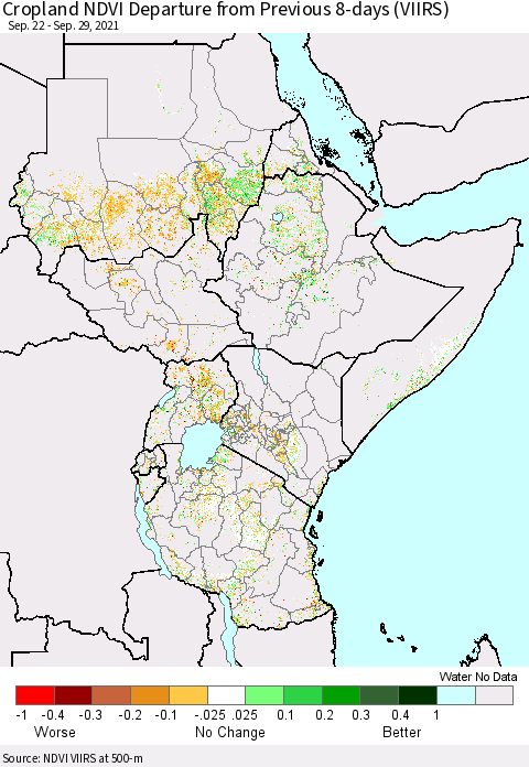 Eastern Africa Cropland NDVI Departure from Previous 8-days (VIIRS) Thematic Map For 9/22/2021 - 9/29/2021
