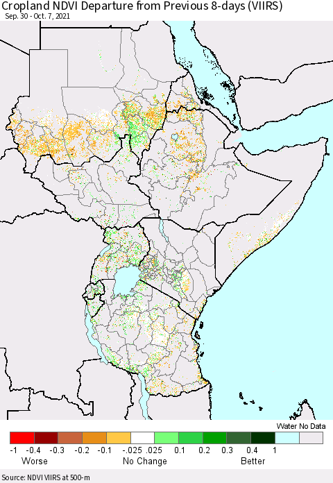 Eastern Africa Cropland NDVI Departure from Previous 8-days (VIIRS) Thematic Map For 9/30/2021 - 10/7/2021