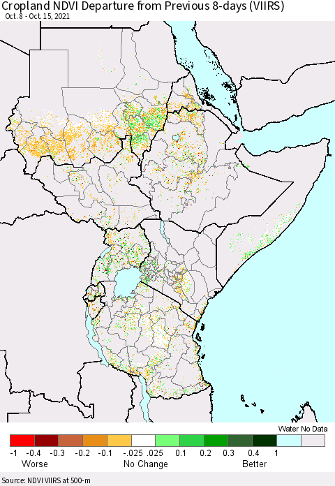 Eastern Africa Cropland NDVI Departure from Previous 8-days (VIIRS) Thematic Map For 10/8/2021 - 10/15/2021