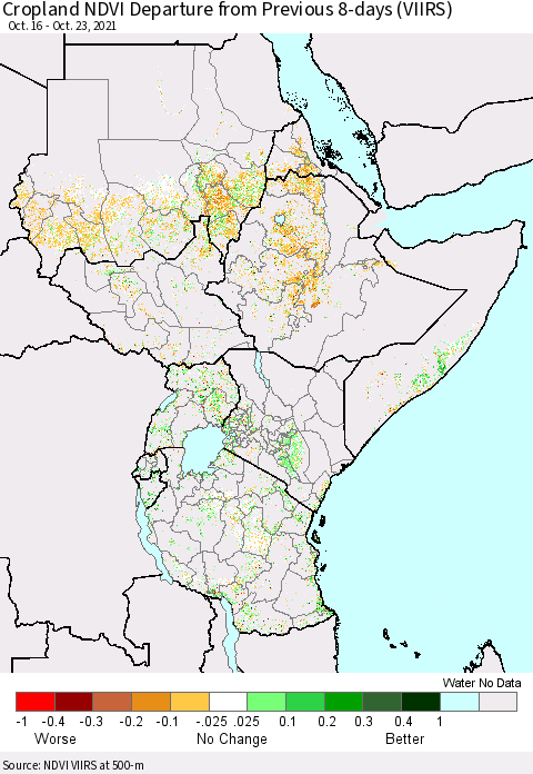 Eastern Africa Cropland NDVI Departure from Previous 8-days (VIIRS) Thematic Map For 10/16/2021 - 10/23/2021