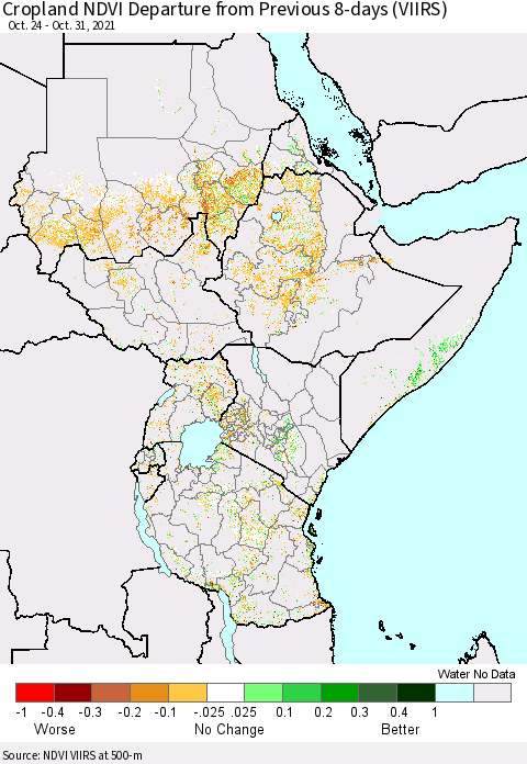 Eastern Africa Cropland NDVI Departure from Previous 8-days (VIIRS) Thematic Map For 10/24/2021 - 10/31/2021