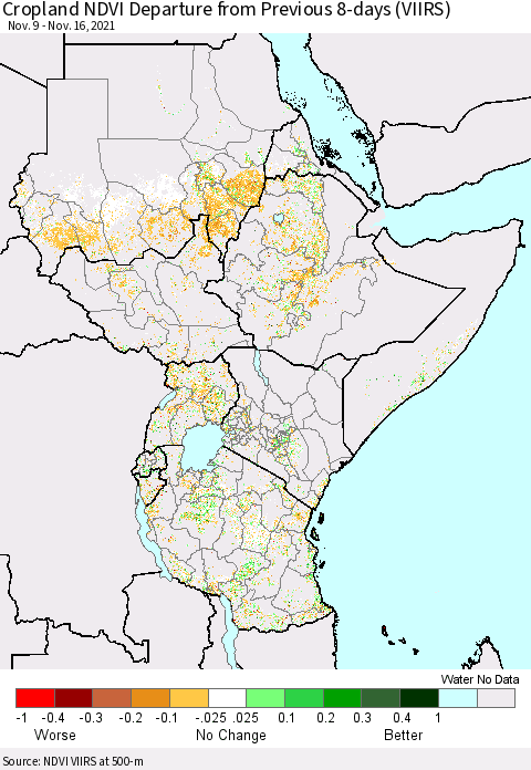 Eastern Africa Cropland NDVI Departure from Previous 8-days (VIIRS) Thematic Map For 11/9/2021 - 11/16/2021