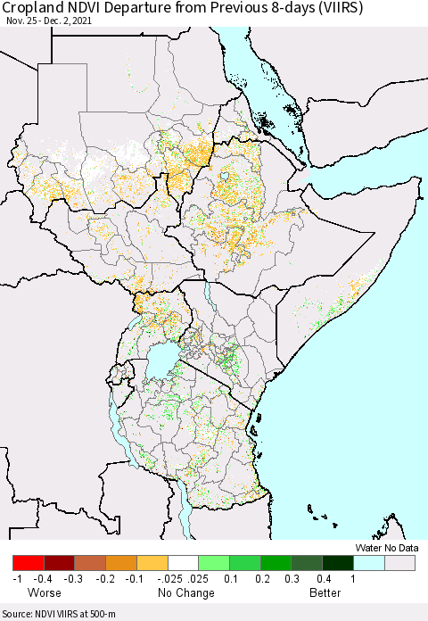 Eastern Africa Cropland NDVI Departure from Previous 8-days (VIIRS) Thematic Map For 11/25/2021 - 12/2/2021