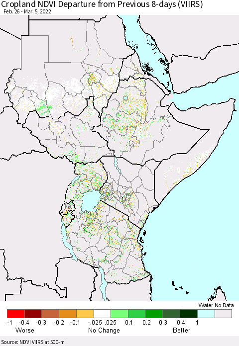 Eastern Africa Cropland NDVI Departure from Previous 8-days (VIIRS) Thematic Map For 2/26/2022 - 3/5/2022
