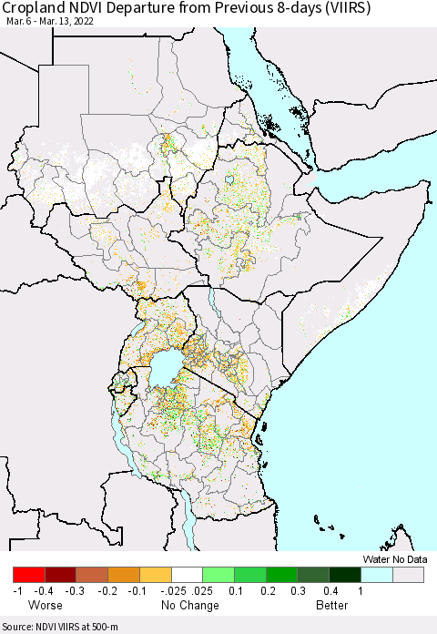 Eastern Africa Cropland NDVI Departure from Previous 8-days (VIIRS) Thematic Map For 3/6/2022 - 3/13/2022