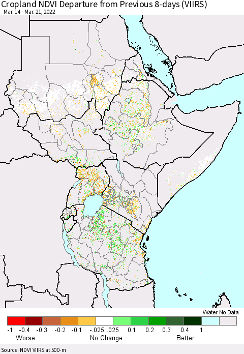 Eastern Africa Cropland NDVI Departure from Previous 8-days (VIIRS) Thematic Map For 3/14/2022 - 3/21/2022