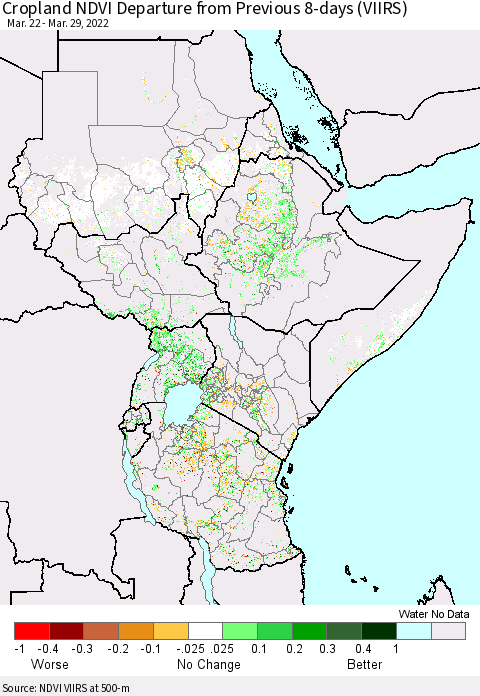 Eastern Africa Cropland NDVI Departure from Previous 8-days (VIIRS) Thematic Map For 3/22/2022 - 3/29/2022