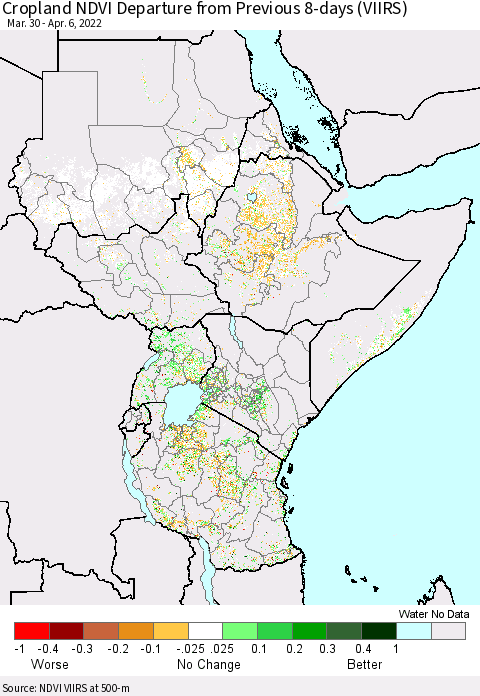 Eastern Africa Cropland NDVI Departure from Previous 8-days (VIIRS) Thematic Map For 3/30/2022 - 4/6/2022