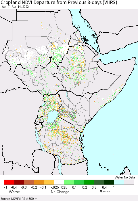Eastern Africa Cropland NDVI Departure from Previous 8-days (VIIRS) Thematic Map For 4/7/2022 - 4/14/2022