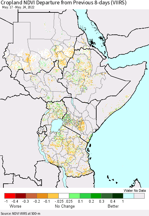Eastern Africa Cropland NDVI Departure from Previous 8-days (VIIRS) Thematic Map For 5/17/2022 - 5/24/2022