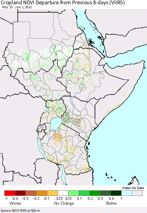 Eastern Africa Cropland NDVI Departure from Previous 8-days (VIIRS) Thematic Map For 5/25/2022 - 6/1/2022