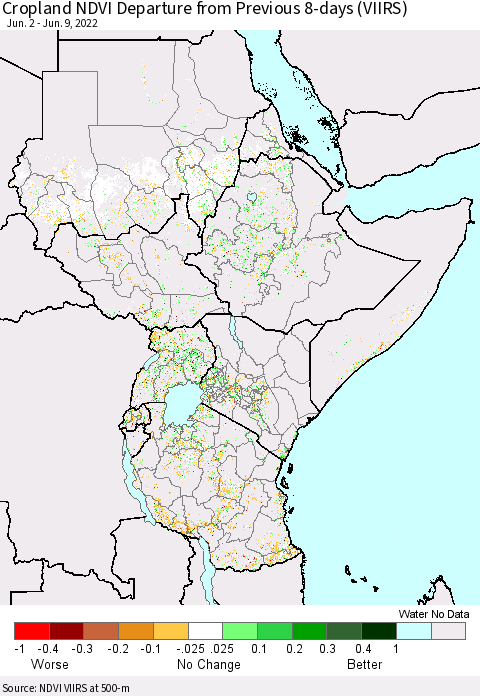 Eastern Africa Cropland NDVI Departure from Previous 8-days (VIIRS) Thematic Map For 6/2/2022 - 6/9/2022