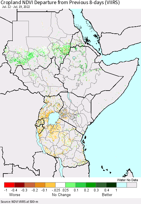 Eastern Africa Cropland NDVI Departure from Previous 8-days (VIIRS) Thematic Map For 7/12/2022 - 7/19/2022