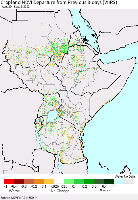 Eastern Africa Cropland NDVI Departure from Previous 8-days (VIIRS) Thematic Map For 8/29/2022 - 9/5/2022