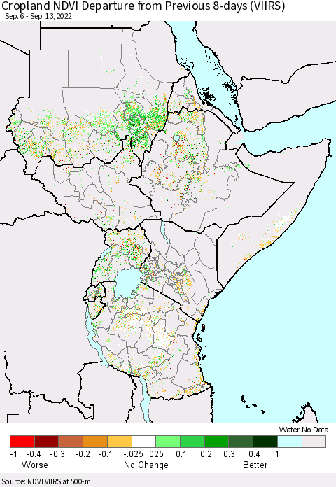 Eastern Africa Cropland NDVI Departure from Previous 8-days (VIIRS) Thematic Map For 9/6/2022 - 9/13/2022