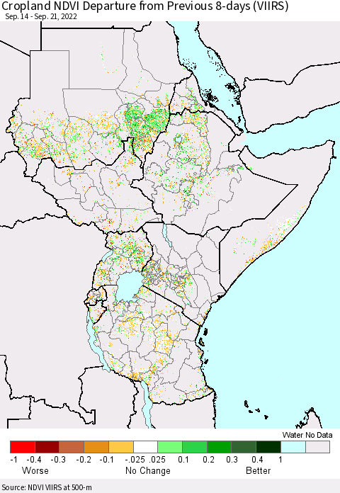 Eastern Africa Cropland NDVI Departure from Previous 8-days (VIIRS) Thematic Map For 9/14/2022 - 9/21/2022