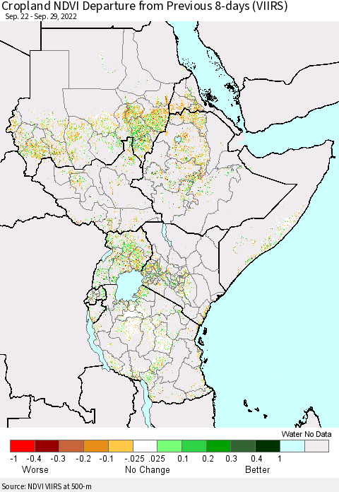 Eastern Africa Cropland NDVI Departure from Previous 8-days (VIIRS) Thematic Map For 9/22/2022 - 9/29/2022