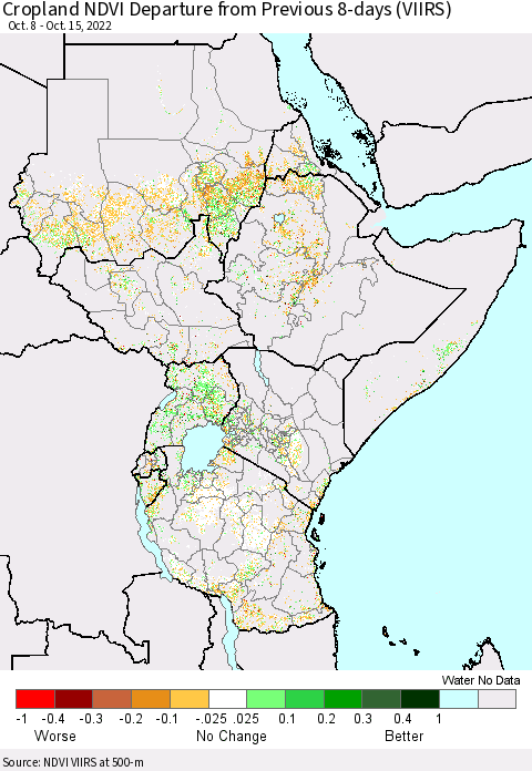 Eastern Africa Cropland NDVI Departure from Previous 8-days (VIIRS) Thematic Map For 10/8/2022 - 10/15/2022