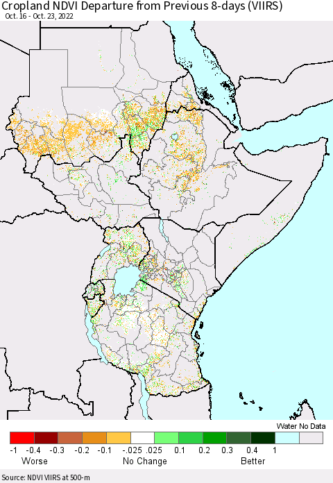 Eastern Africa Cropland NDVI Departure from Previous 8-days (VIIRS) Thematic Map For 10/16/2022 - 10/23/2022