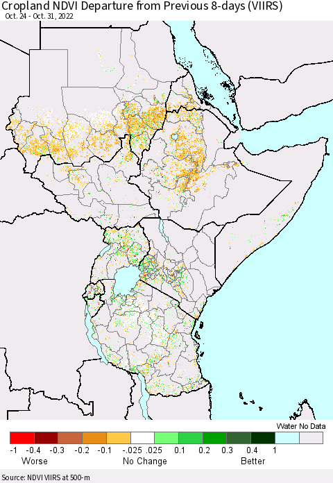 Eastern Africa Cropland NDVI Departure from Previous 8-days (VIIRS) Thematic Map For 10/24/2022 - 10/31/2022