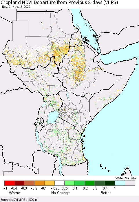 Eastern Africa Cropland NDVI Departure from Previous 8-days (VIIRS) Thematic Map For 11/9/2022 - 11/16/2022