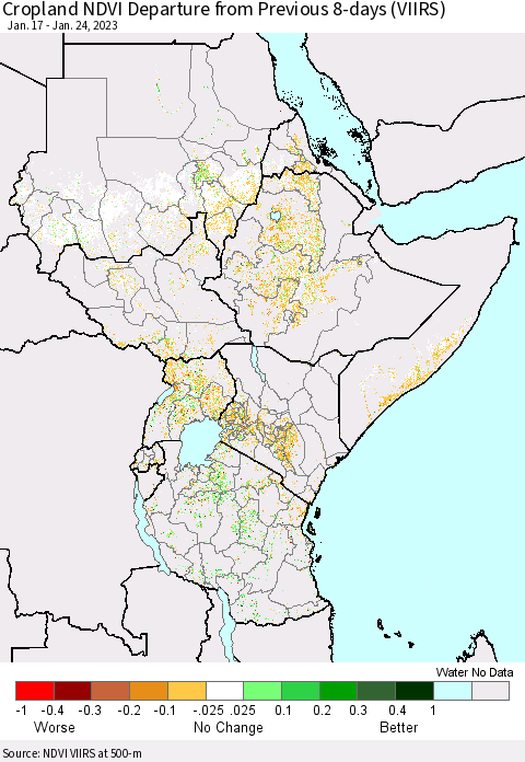 Eastern Africa Cropland NDVI Departure from Previous 8-days (VIIRS) Thematic Map For 1/17/2023 - 1/24/2023