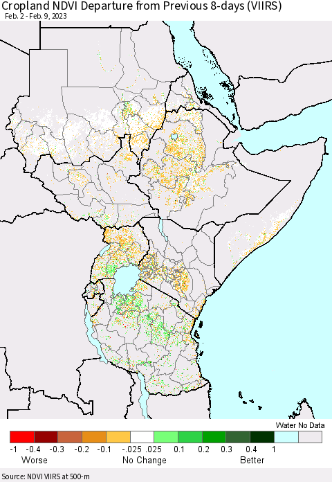 Eastern Africa Cropland NDVI Departure from Previous 8-days (VIIRS) Thematic Map For 2/2/2023 - 2/9/2023
