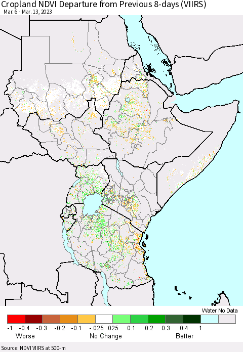 Eastern Africa Cropland NDVI Departure from Previous 8-days (VIIRS) Thematic Map For 3/6/2023 - 3/13/2023