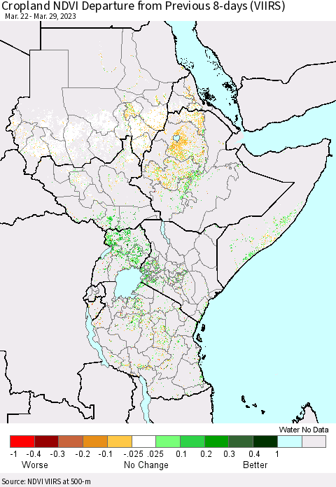 Eastern Africa Cropland NDVI Departure from Previous 8-days (VIIRS) Thematic Map For 3/22/2023 - 3/29/2023