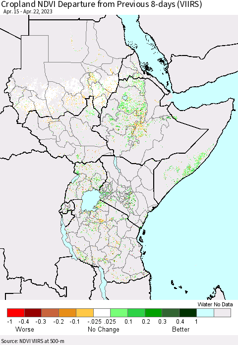 Eastern Africa Cropland NDVI Departure from Previous 8-days (VIIRS) Thematic Map For 4/15/2023 - 4/22/2023