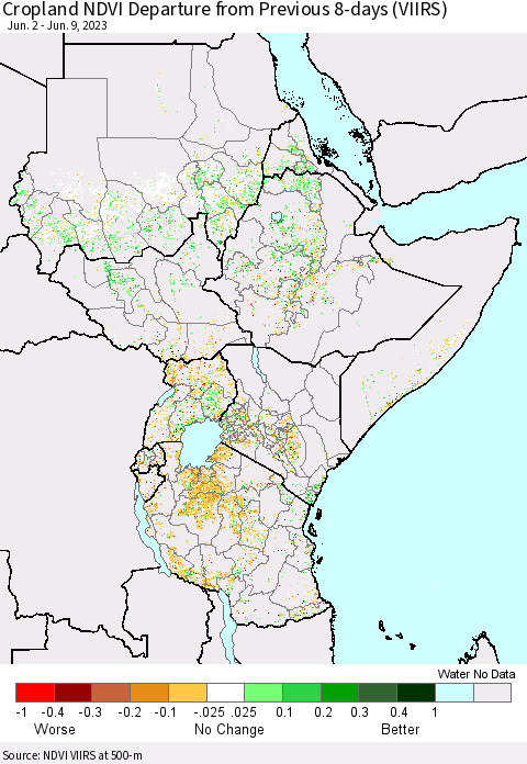 Eastern Africa Cropland NDVI Departure from Previous 8-days (VIIRS) Thematic Map For 6/2/2023 - 6/9/2023