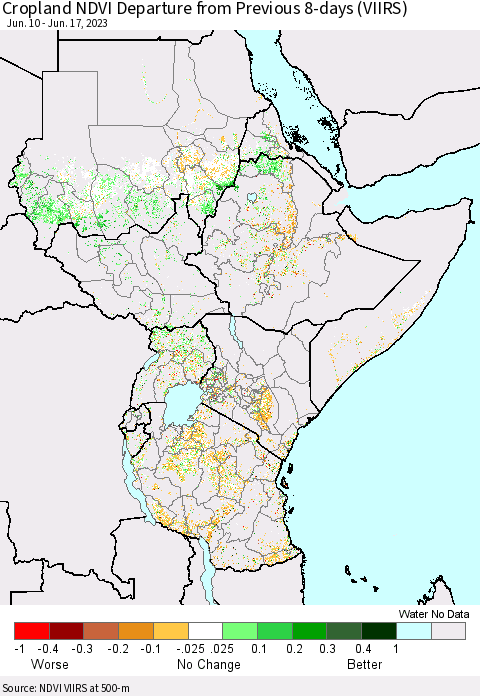 Eastern Africa Cropland NDVI Departure from Previous 8-days (VIIRS) Thematic Map For 6/10/2023 - 6/17/2023