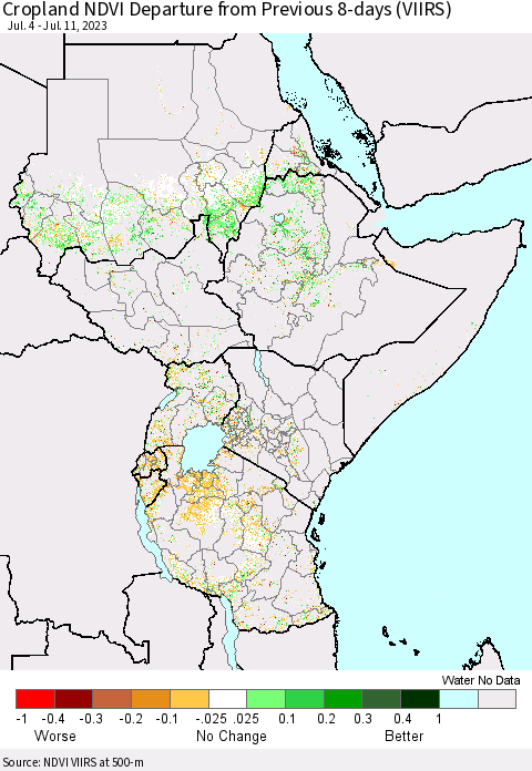 Eastern Africa Cropland NDVI Departure from Previous 8-days (VIIRS) Thematic Map For 7/4/2023 - 7/11/2023