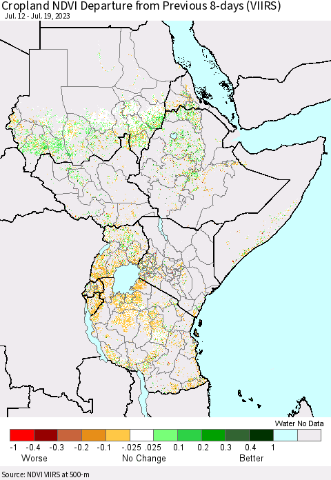 Eastern Africa Cropland NDVI Departure from Previous 8-days (VIIRS) Thematic Map For 7/12/2023 - 7/19/2023