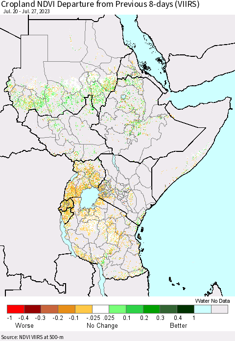 Eastern Africa Cropland NDVI Departure from Previous 8-days (VIIRS) Thematic Map For 7/20/2023 - 7/27/2023