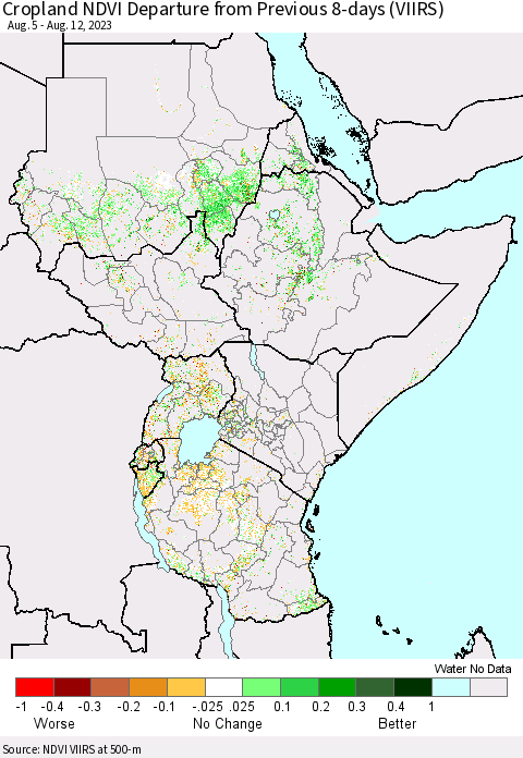 Eastern Africa Cropland NDVI Departure from Previous 8-days (VIIRS) Thematic Map For 8/5/2023 - 8/12/2023