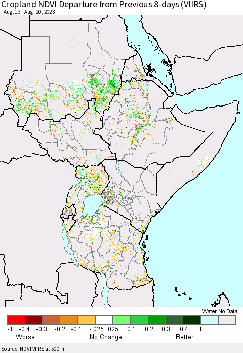 Eastern Africa Cropland NDVI Departure from Previous 8-days (VIIRS) Thematic Map For 8/13/2023 - 8/20/2023