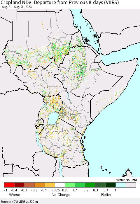 Eastern Africa Cropland NDVI Departure from Previous 8-days (VIIRS) Thematic Map For 8/21/2023 - 8/28/2023
