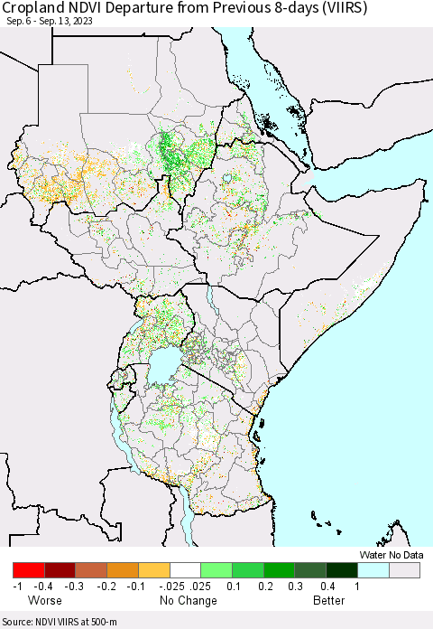 Eastern Africa Cropland NDVI Departure from Previous 8-days (VIIRS) Thematic Map For 9/6/2023 - 9/13/2023
