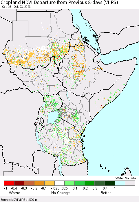 Eastern Africa Cropland NDVI Departure from Previous 8-days (VIIRS) Thematic Map For 10/16/2023 - 10/23/2023