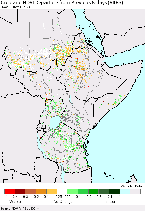 Eastern Africa Cropland NDVI Departure from Previous 8-days (VIIRS) Thematic Map For 11/1/2023 - 11/8/2023
