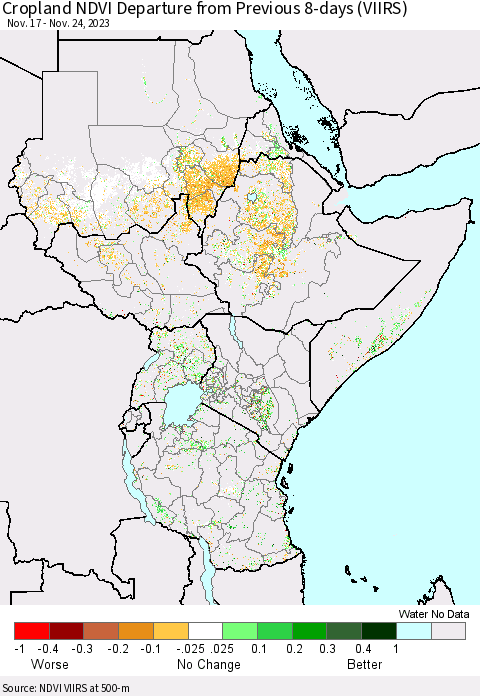 Eastern Africa Cropland NDVI Departure from Previous 8-days (VIIRS) Thematic Map For 11/17/2023 - 11/24/2023