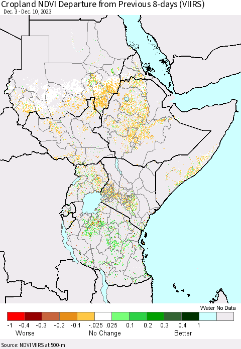 Eastern Africa Cropland NDVI Departure from Previous 8-days (VIIRS) Thematic Map For 12/3/2023 - 12/10/2023